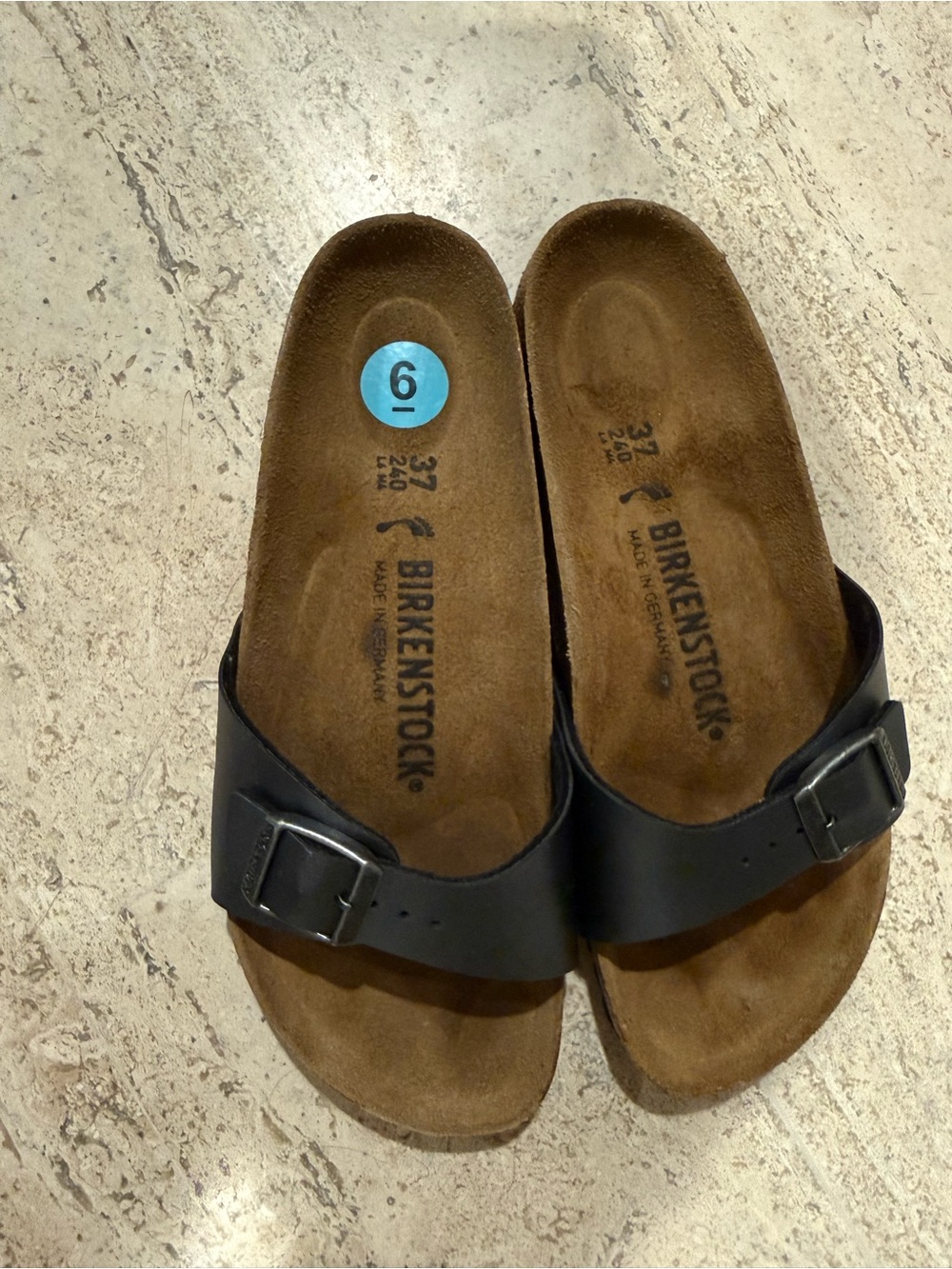 Size 6 - Birkenstock Black Single-Strap Leather Slide Sandals